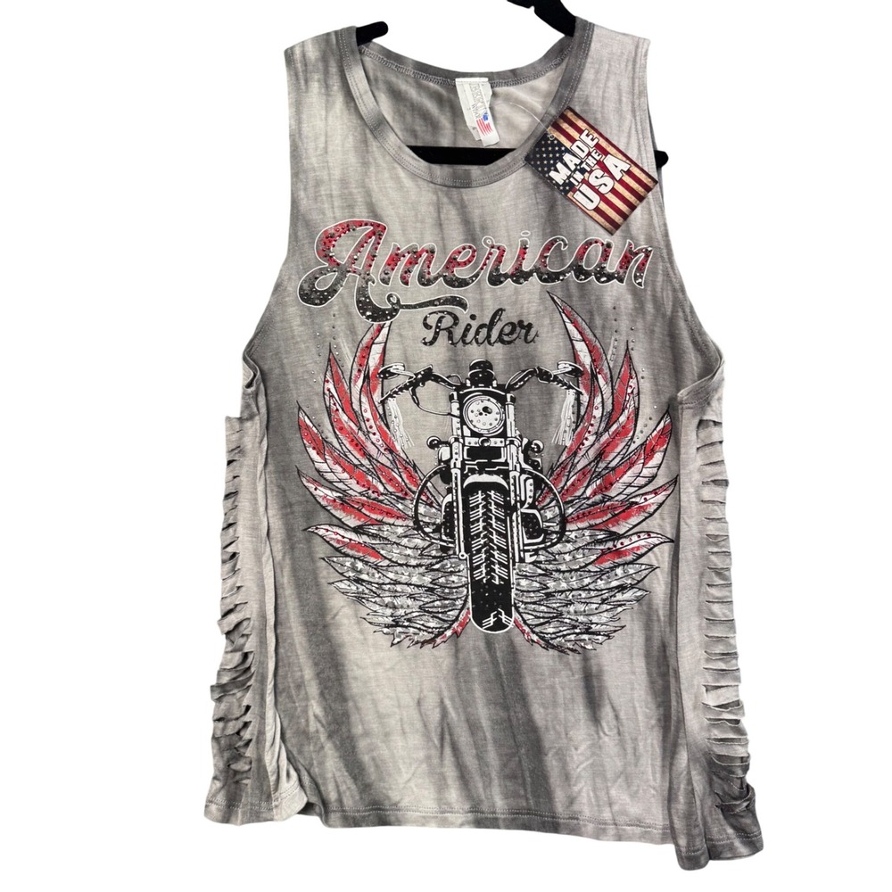 Women Y2K Biker Graphic Tank Grey Rhinestone Studded Shredded Sides Grunge S NWT